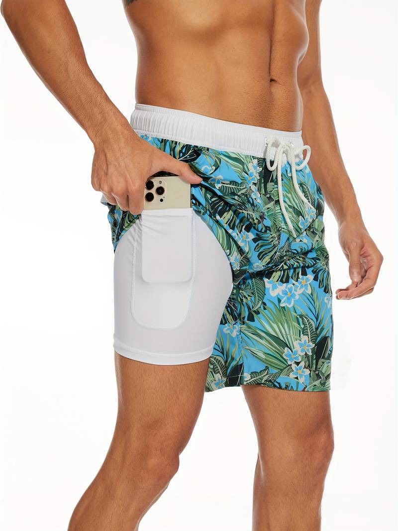 Flamingo Print Swim Trunks - Light Green