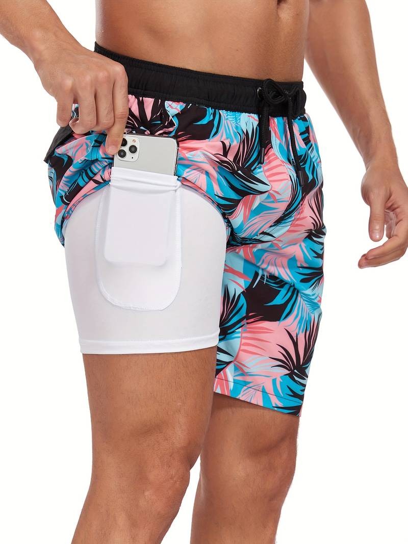 Flamingo Print Swim Trunks - Light Pink