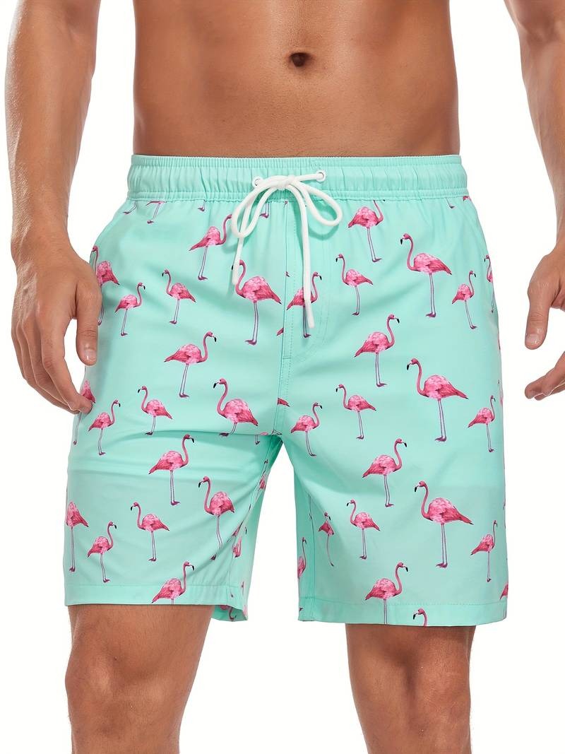Flamingo Print Swim Trunks - Mint