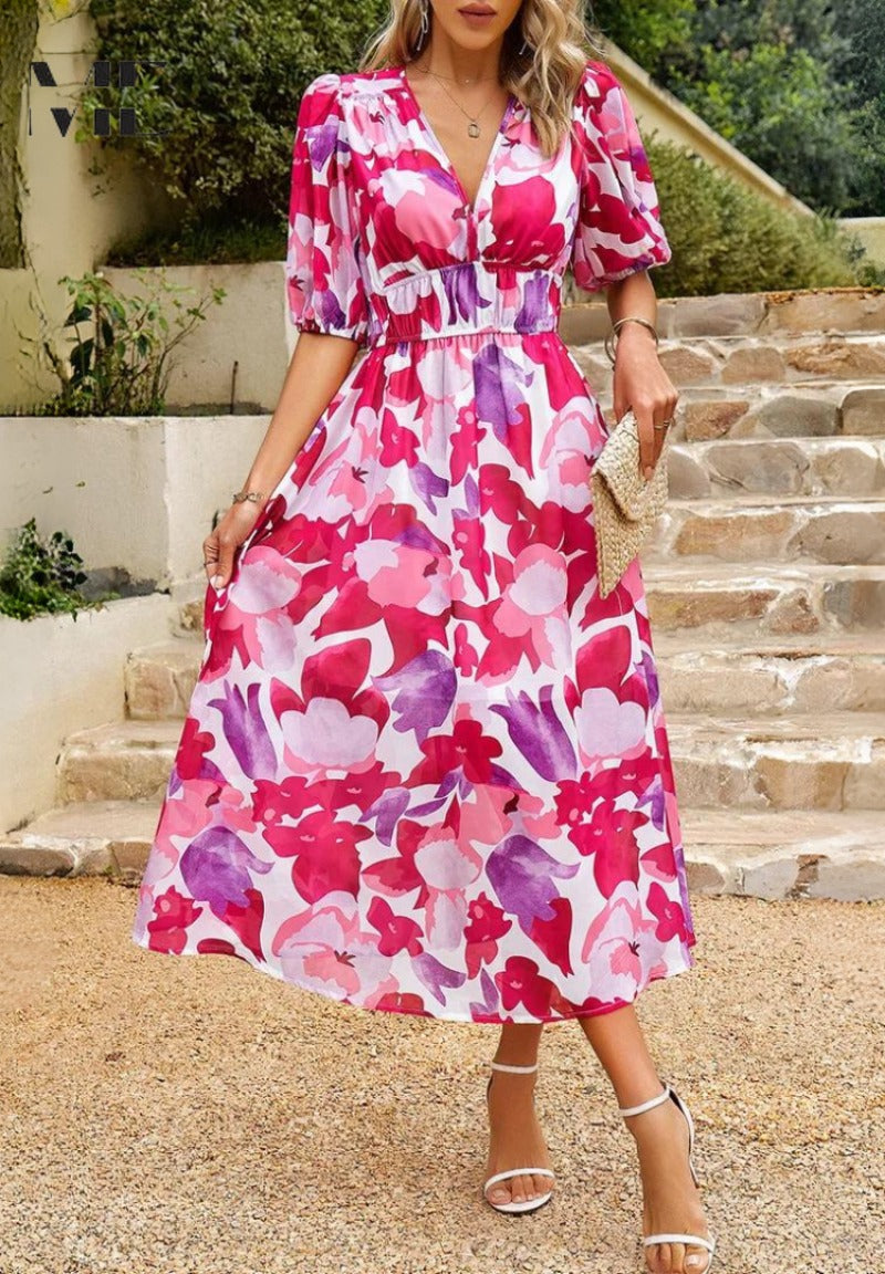 Floral Puff Sleeve Midi Dress