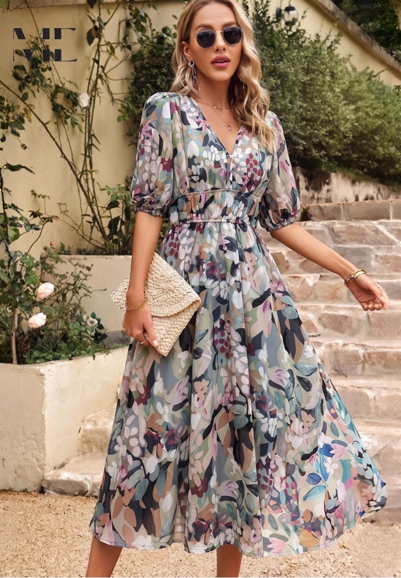 Floral Puff Sleeve Midi Dress - Floral