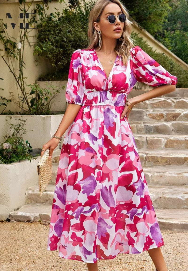 Floral Puff Sleeve Midi Dress - Pink