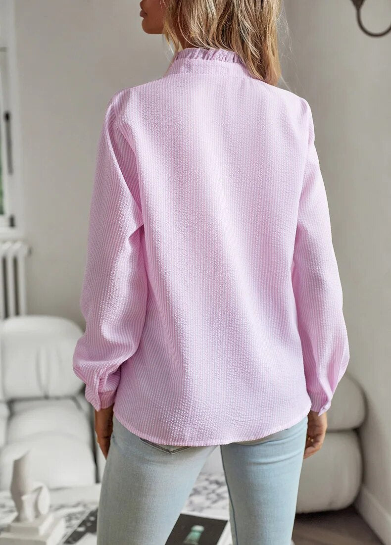 Amandine | Women’s Long Sleeve Ruffle Collar Button Blouse