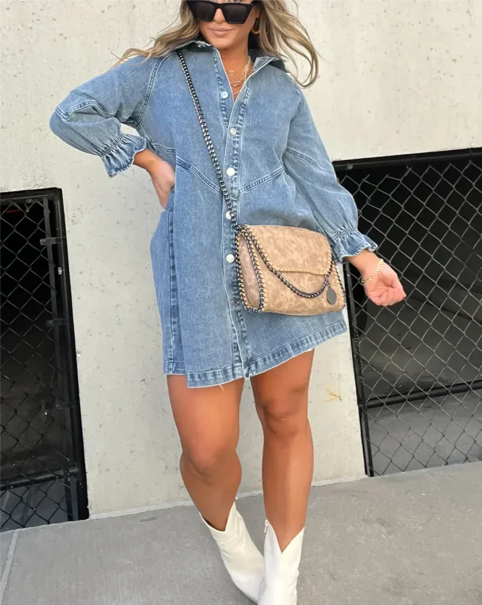 Evie | Women’s Puff Sleeve Smocked Cuffs Denim Mini Dress