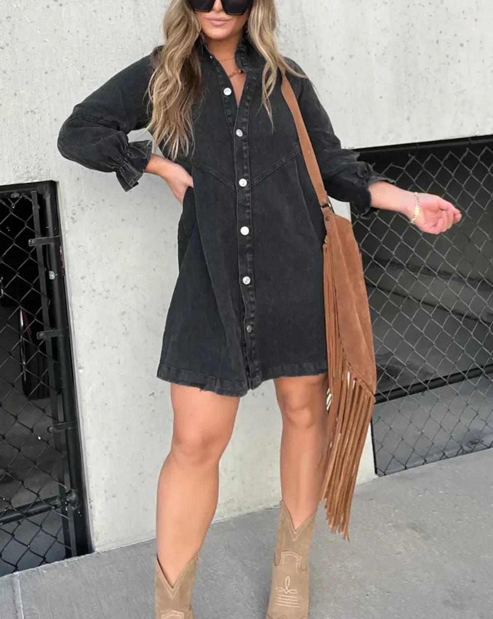 Evie | Women’s Puff Sleeve Smocked Cuffs Denim Mini Dress