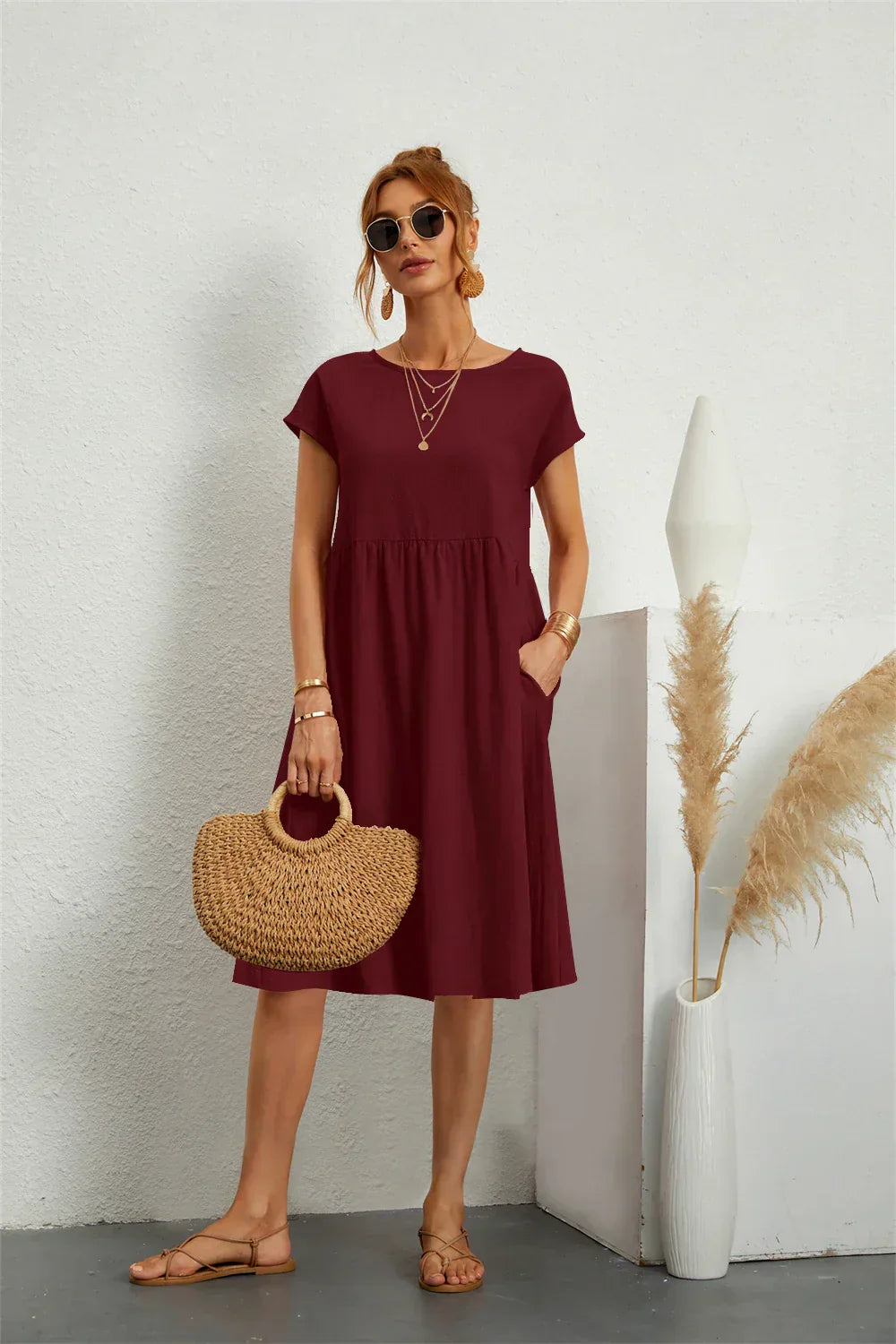 Ondine | Women’s Short Sleeve with Pockets Midi Dress