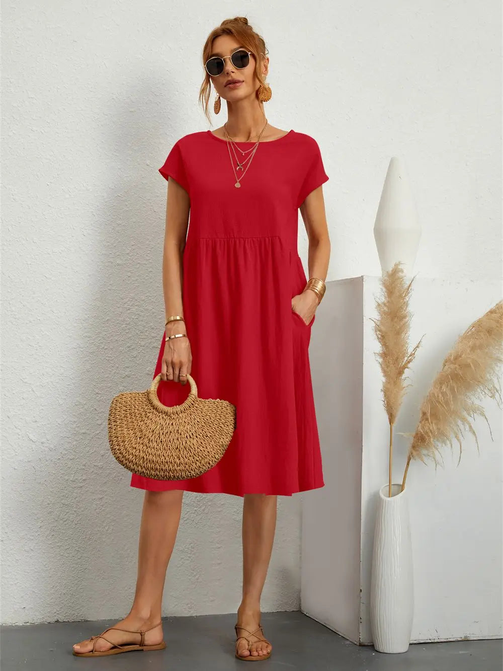 Ondine | Women’s Short Sleeve with Pockets Midi Dress