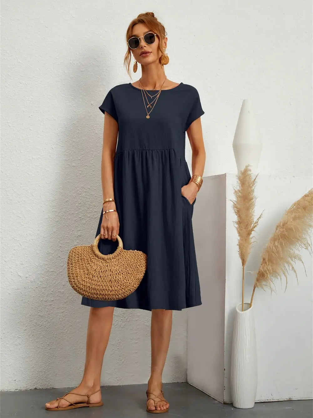 Ondine | Women’s Short Sleeve with Pockets Midi Dress