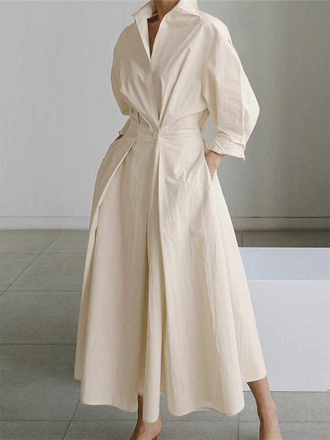 Long Sleeve Shirt Dress - Beige