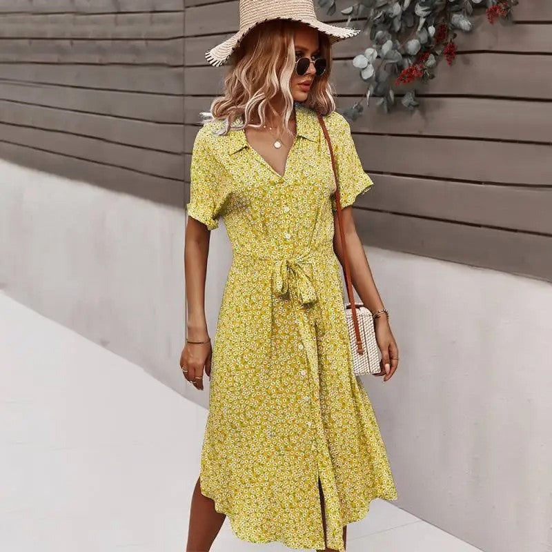 Floral Wrap Midi Dress - Yellow