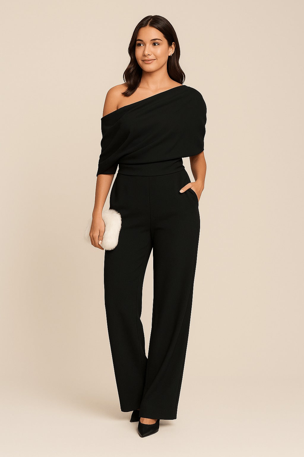 Off Shoulder Wide Leg Jumpsuit - black
