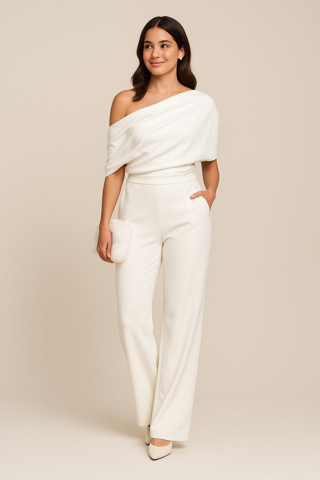 Off Shoulder Wide Leg Jumpsuit - white
