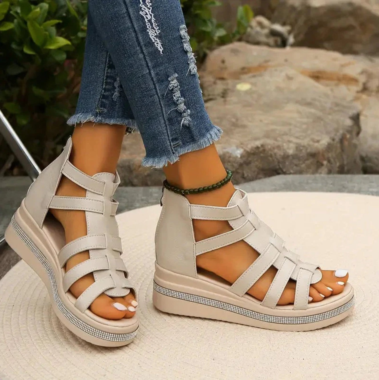 Platform Wedge Sandals - Beige