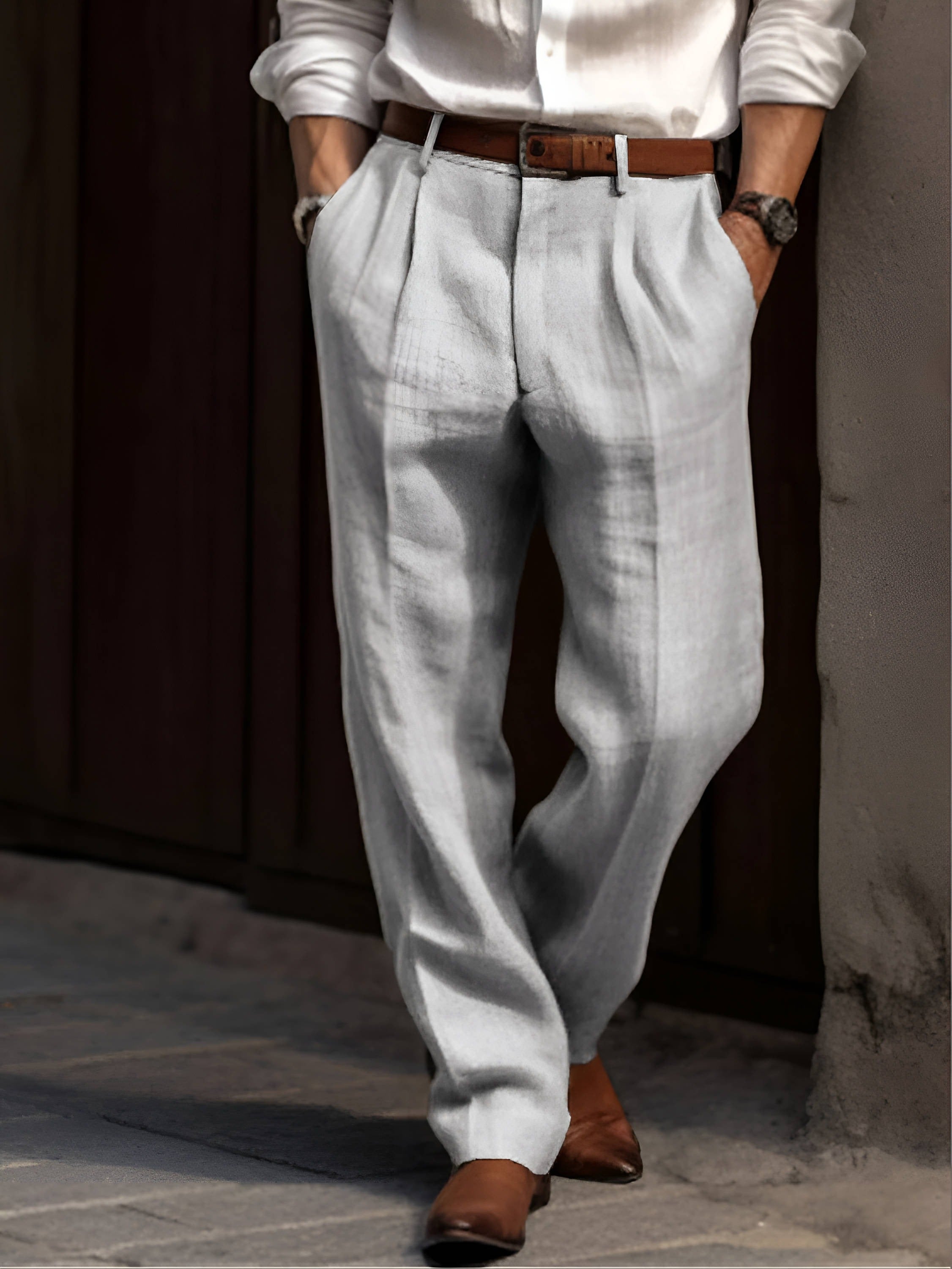 Pleated Straight Leg Pants - Gray