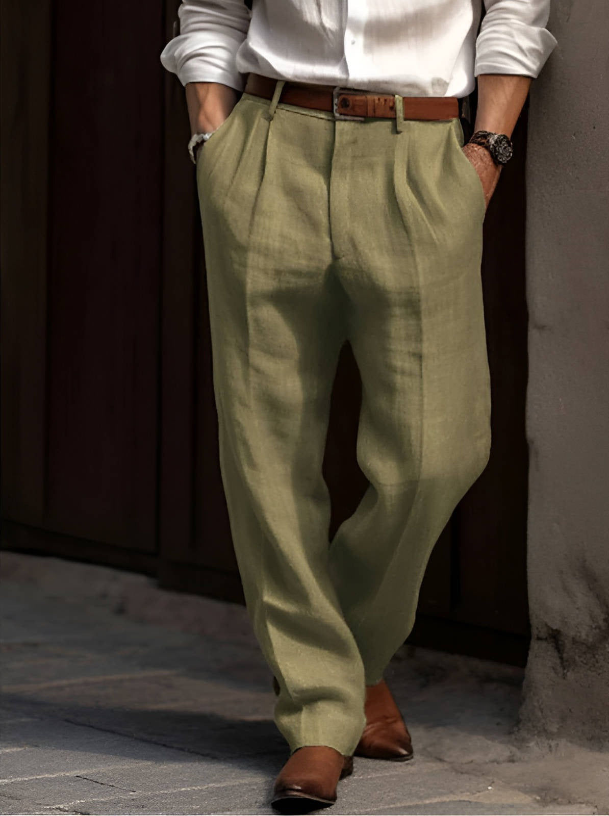 Pleated Straight Leg Pants - Green
