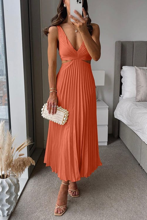 Pleated Wedding Guest Midi Dress - Orange