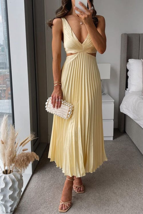 Pleated Wedding Guest Midi Dress - Yellow