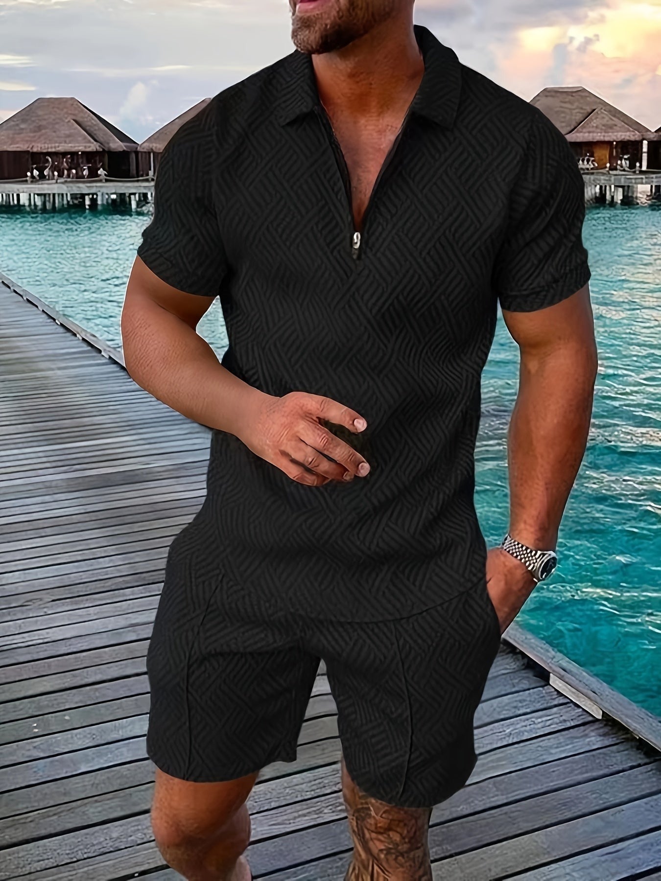 Polo Shorts Two Piece Set - Black