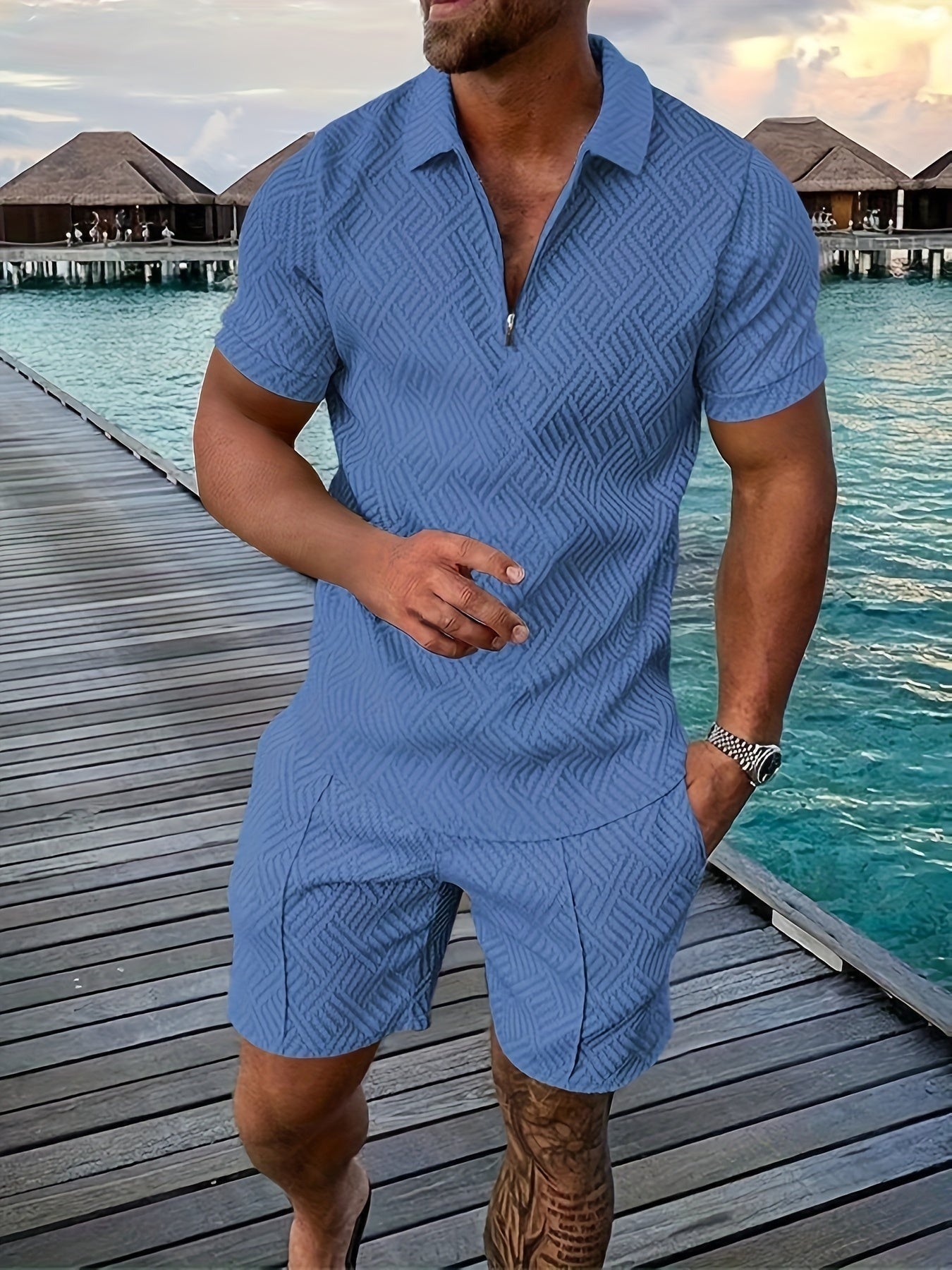 Polo Shorts Two Piece Set - Light Blue