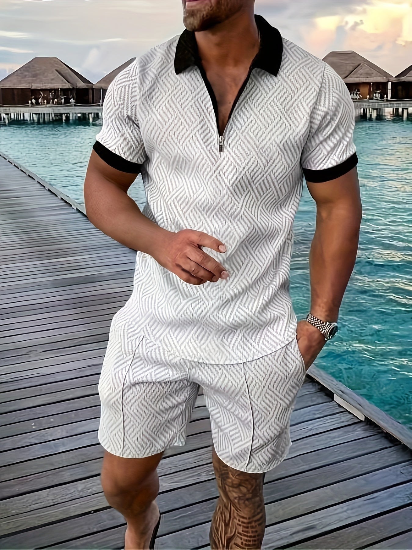 Polo Shorts Two Piece Set - Light Grey