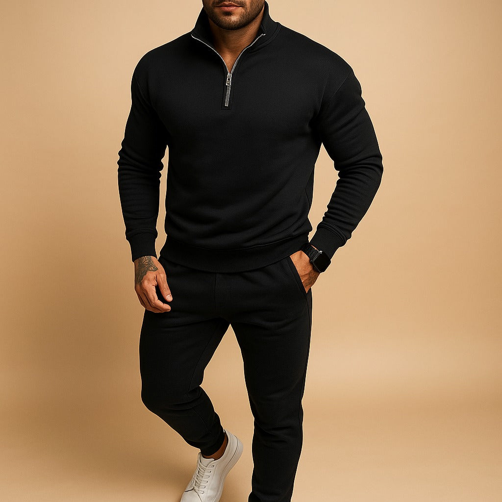 Quarter Zip Jogger Two Piece Set - Black