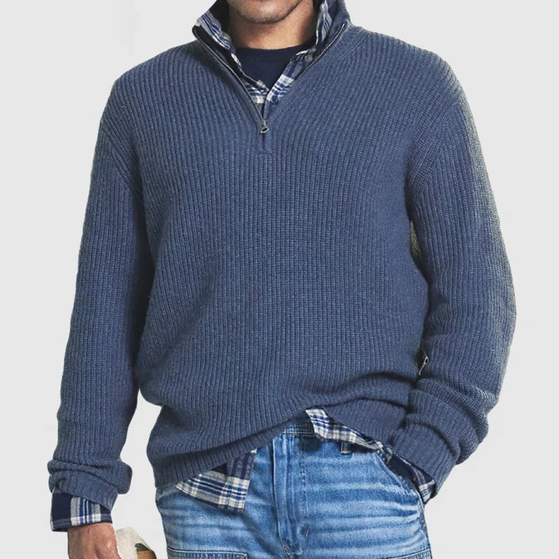 Ribbed Quarter Zip Sweater - Blue