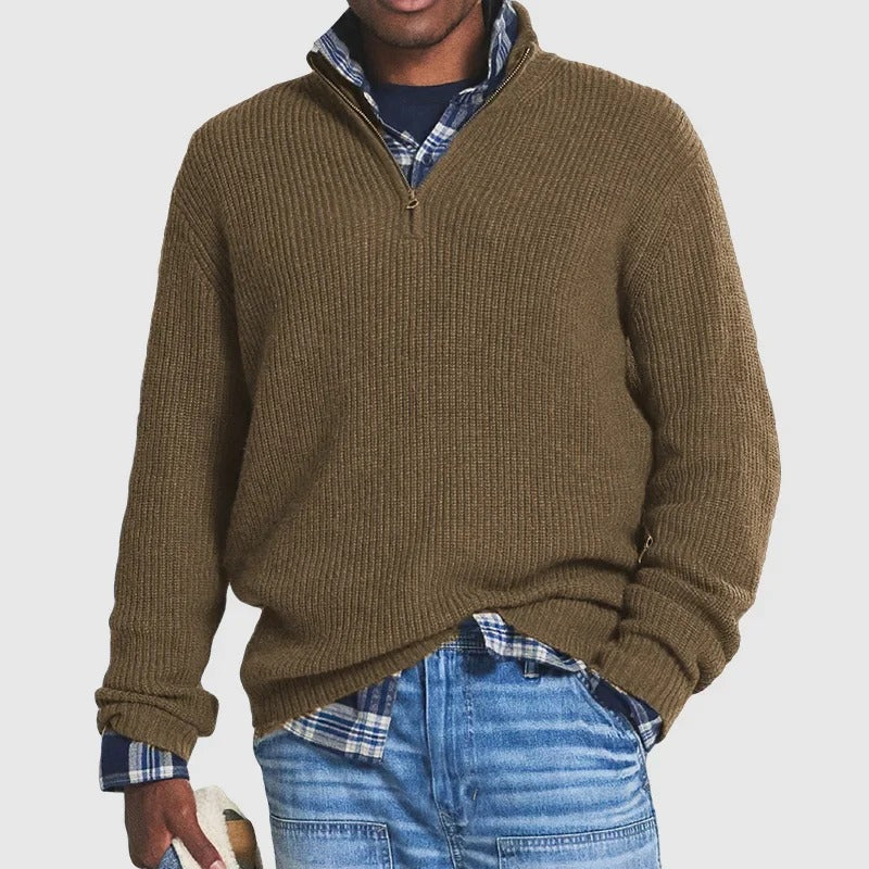 Ribbed Quarter Zip Sweater - Brown
