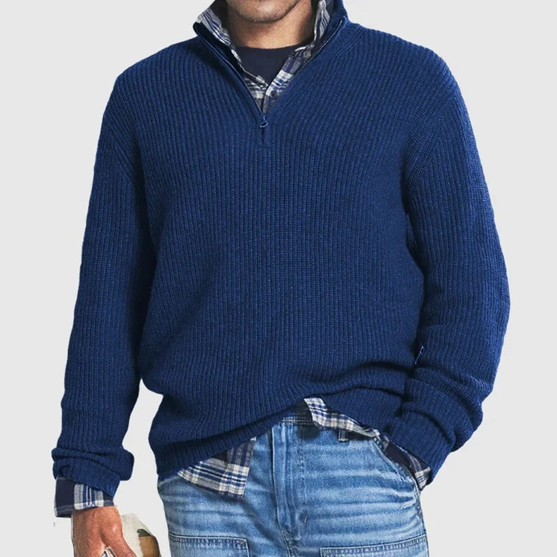 Ribbed Quarter Zip Sweater - Dark Blue
