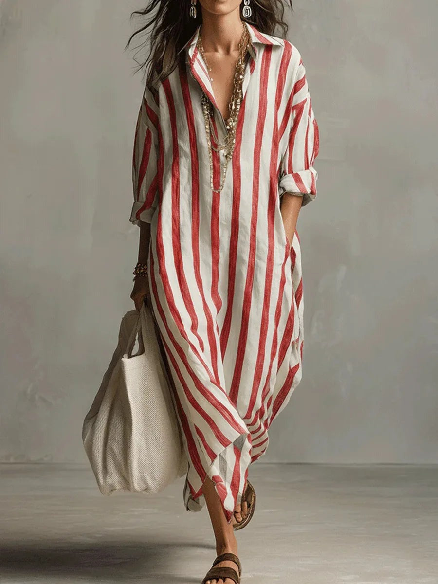 Striped Maxi Shirt Dress - Red