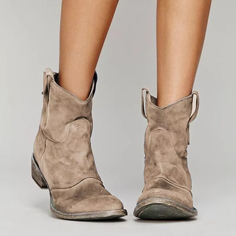Western Block Heel Ankle Boots - Beige