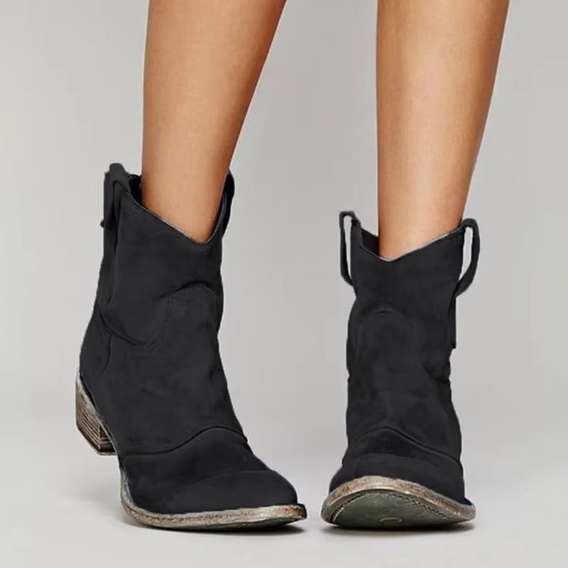 Western Block Heel Ankle Boots - Black