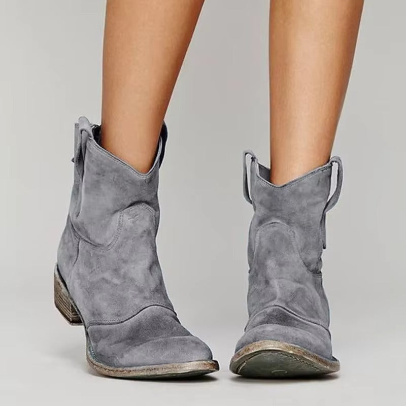 Western Block Heel Ankle Boots - Gray