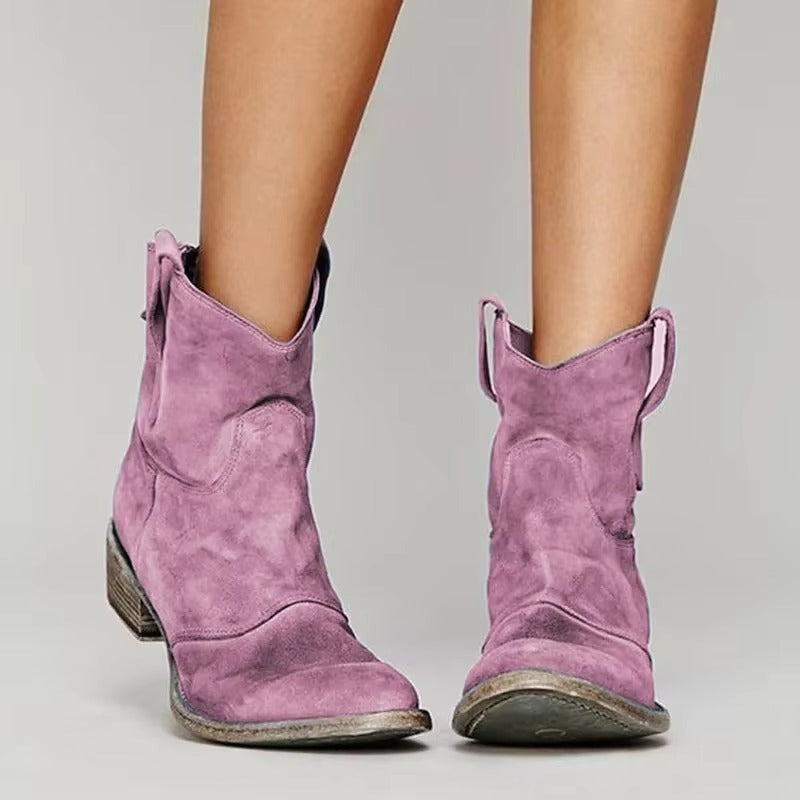 Western Block Heel Ankle Boots - Pink