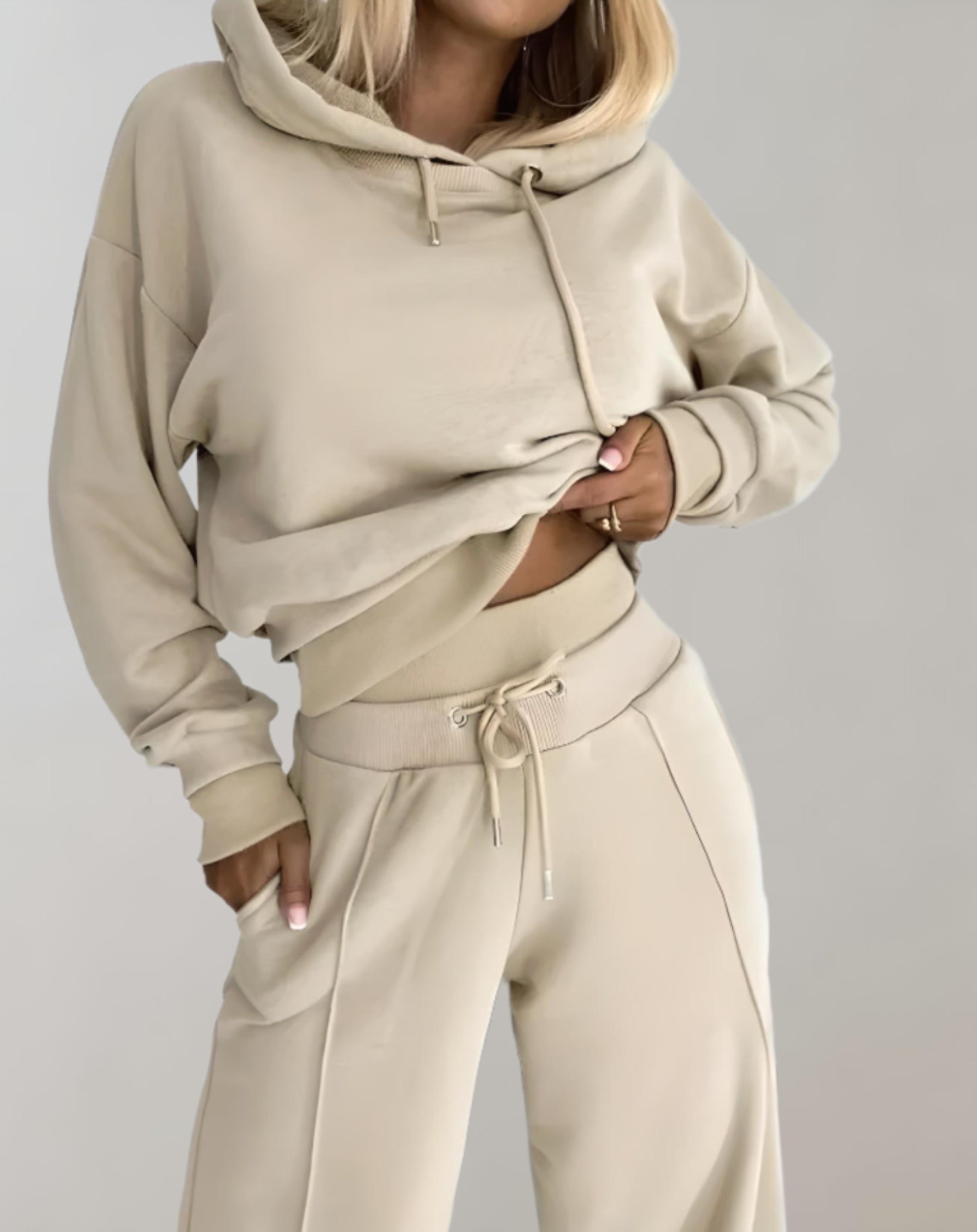 Wide Leg Pants Two Piece Set - Beige