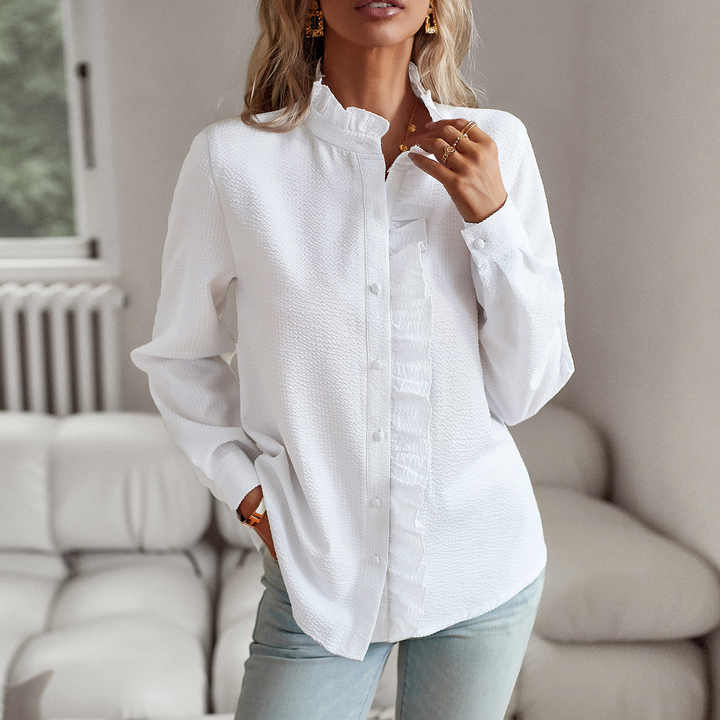 Amandine | Women’s Long Sleeve Ruffle Collar Button Blouse